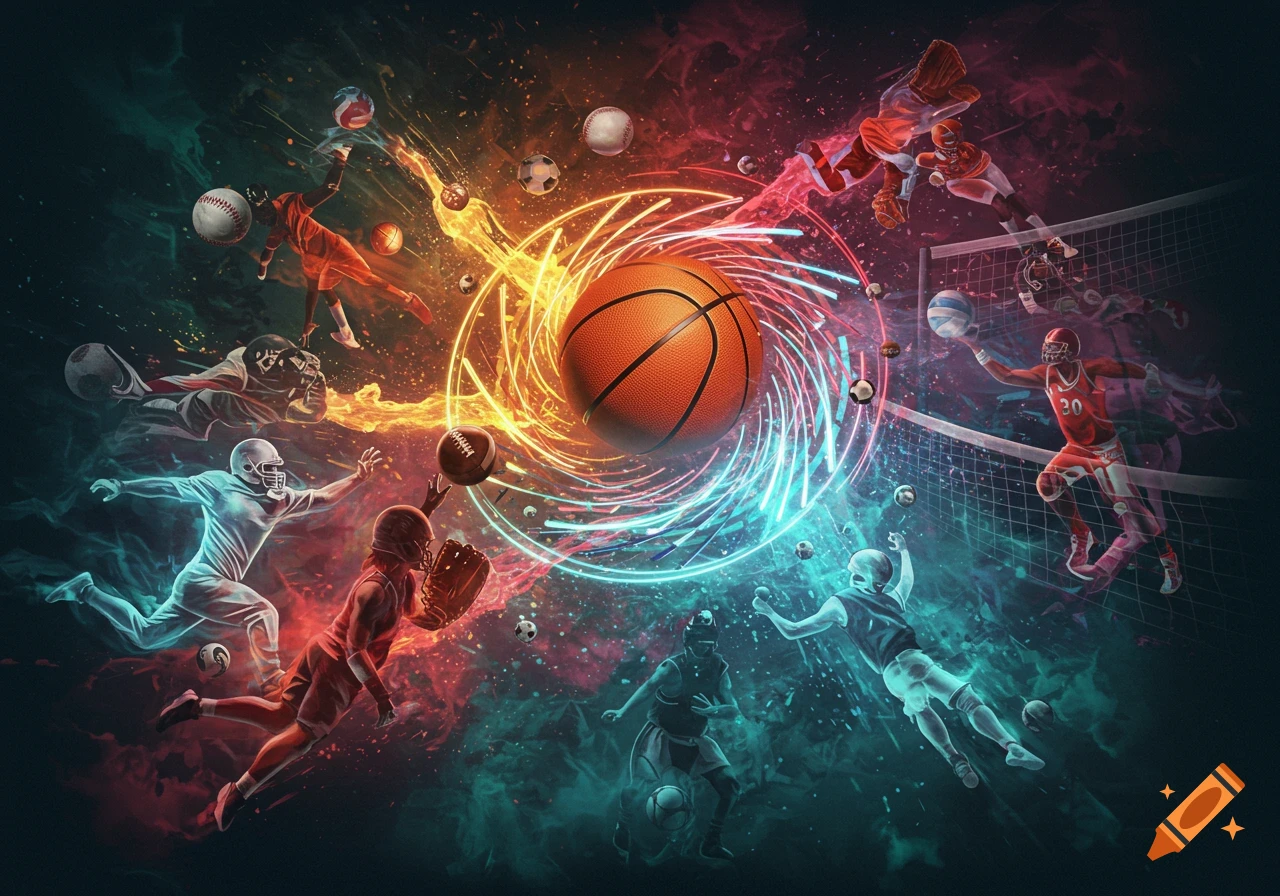 A dynamic digital art piece showing a basketball surrounded by various sports players and balls, enveloped in glowing neon light trails and smoke in red and blue hues.
