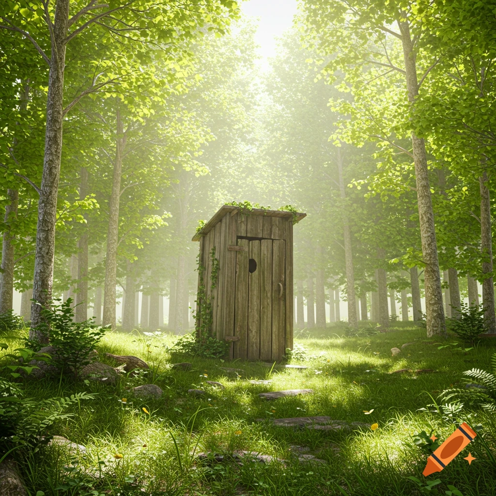 A rustic wooden outhouse stands in a bright, lush green forest with sunlight filtering through the dense canopy, photorealistic.