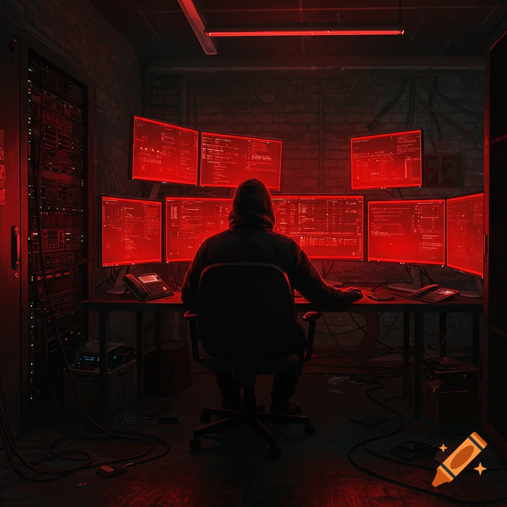 A hooded hacker viewed from behind in a dark, red-lit room, working at a desk with multiple computer screens displaying code.