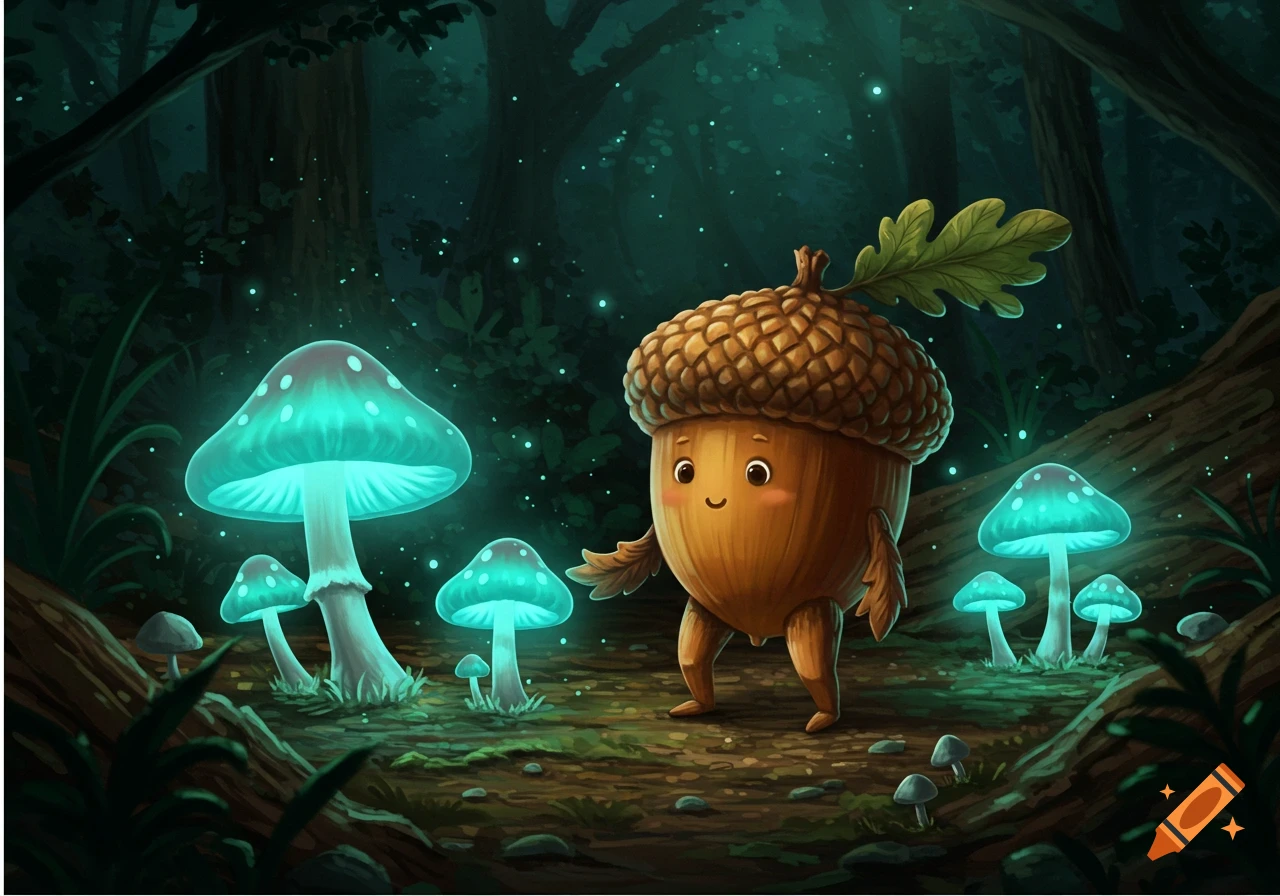 Cute anthropomorphic acorn with a leaf hat stands among glowing blue mushrooms in a dark, whimsical forest, cartoon style.