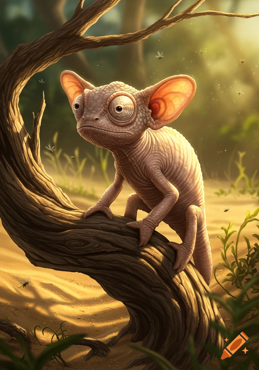 A whimsical, hairless, big-eared chameleon-like creature with large eyes clings to a gnarled tree branch in a sunlit forest.