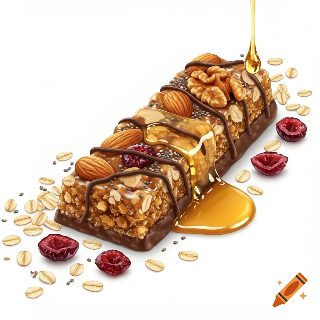 A granola bar drizzled with chocolate and honey, topped with almonds, walnuts, cranberries, and chia seeds, surrounded by oats on a white background.