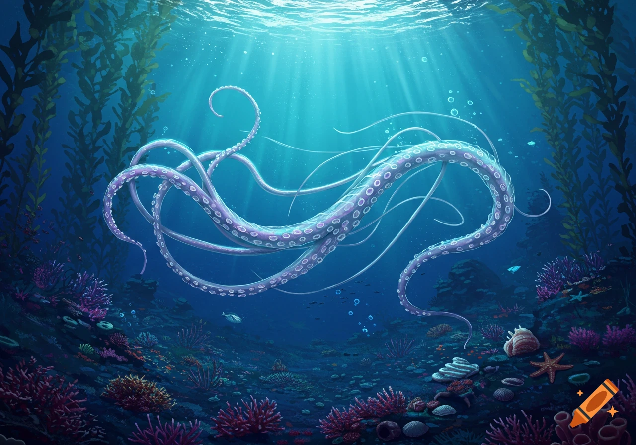 A vibrant underwater scene with a large, purple-spotted, multi-tentacled sea creature amidst kelp forests and colorful coral.