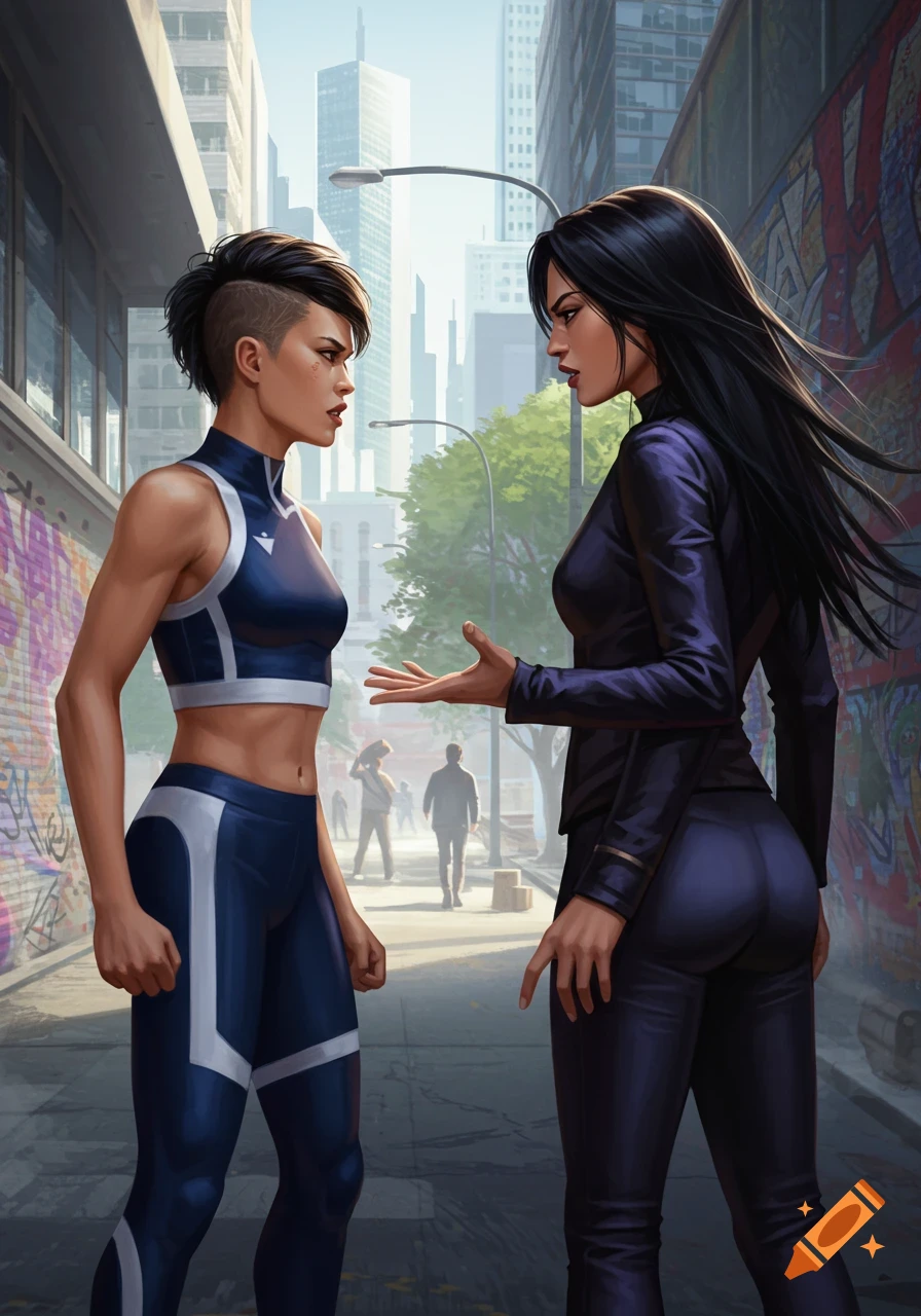 Two women, one in athletic wear and one in a dark suit, confront each other in a graffiti-covered urban alleyway, digital illustration.