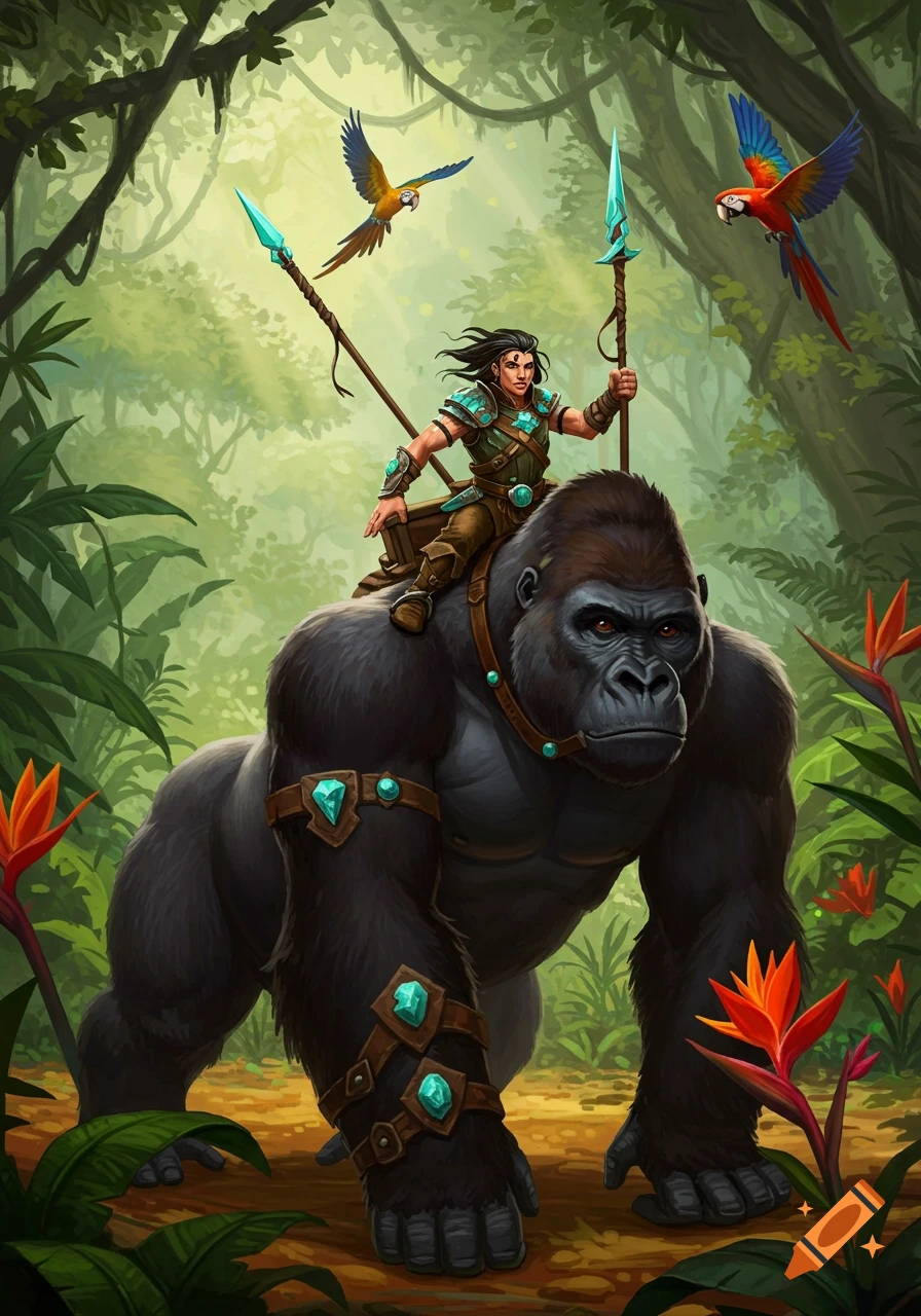 A fantasy illustration of a person riding a large gorilla through a lush jungle, holding spears, with colorful parrots flying.