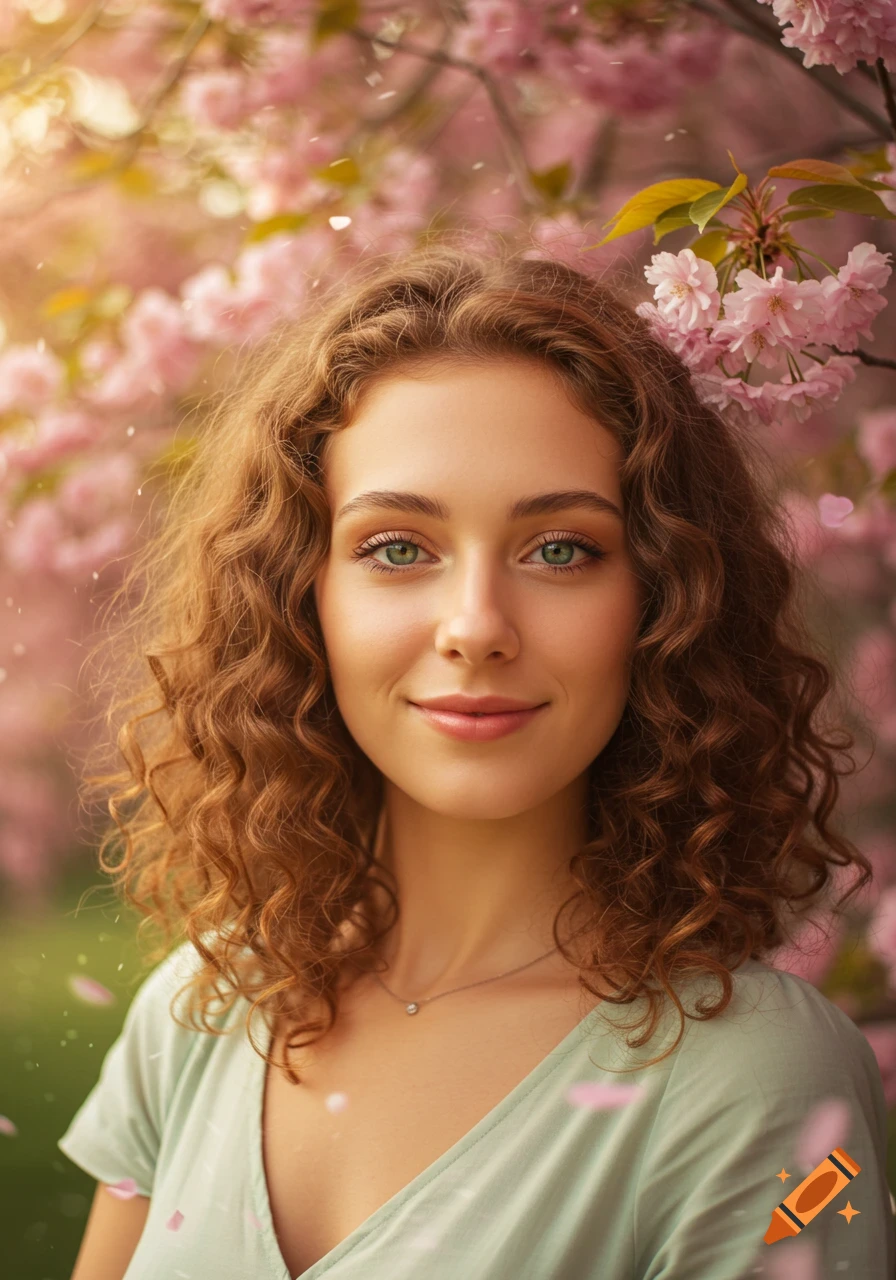 A smiling woman with curly brown hair and green eyes wears a light green top, surrounded by pink cherry blossoms and falling petals.