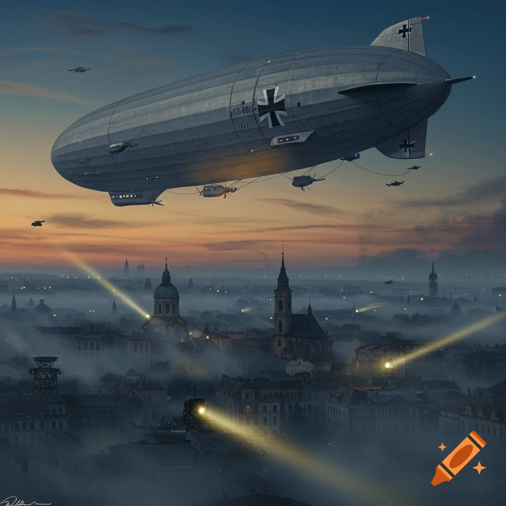 A large grey zeppelin with German markings flies over a misty city at sunset, illuminated by searchlights from below.