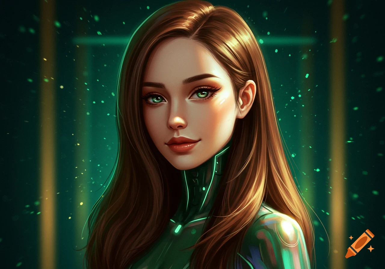 A stylized digital art portrait of a woman with long brown hair, vivid green eyes, and glowing green accents on her futuristic-looking outfit, set against a dark, shimmering background.