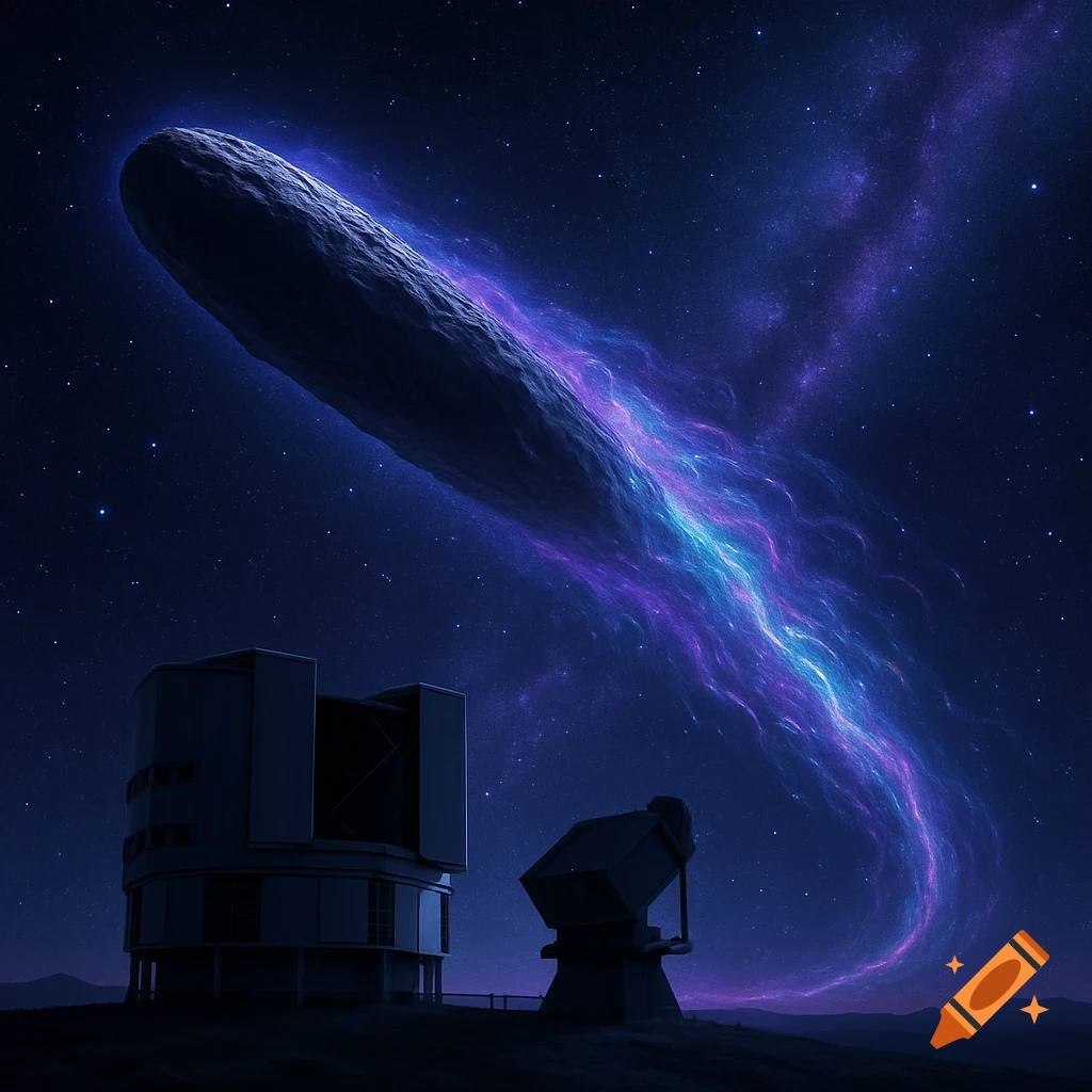 A large dark Oumuamua-like object with a glowing purple and blue tail streaks across a starry night sky above an observatory.