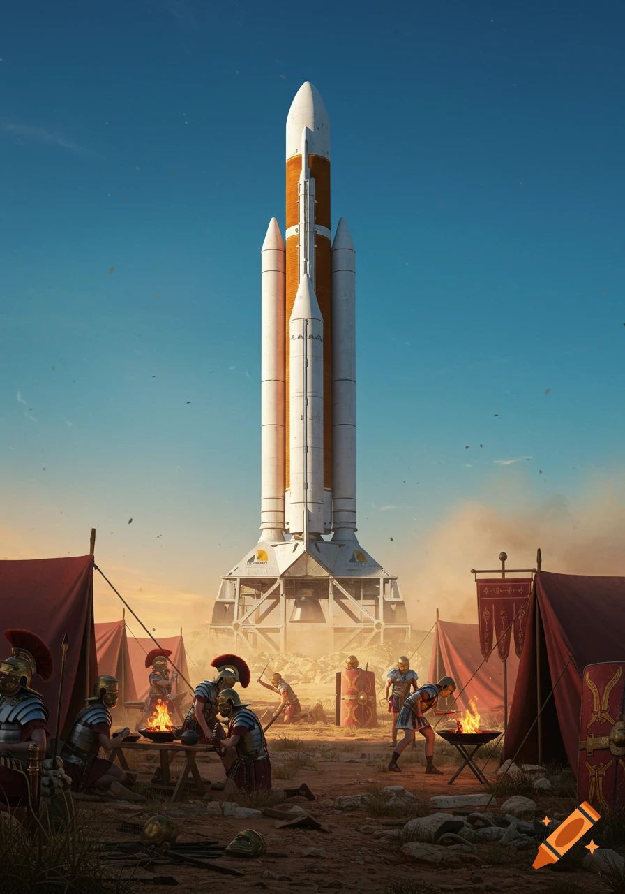 Roman soldiers in a desert encampment with small fires, a towering white and orange space rocket stands on a launchpad.