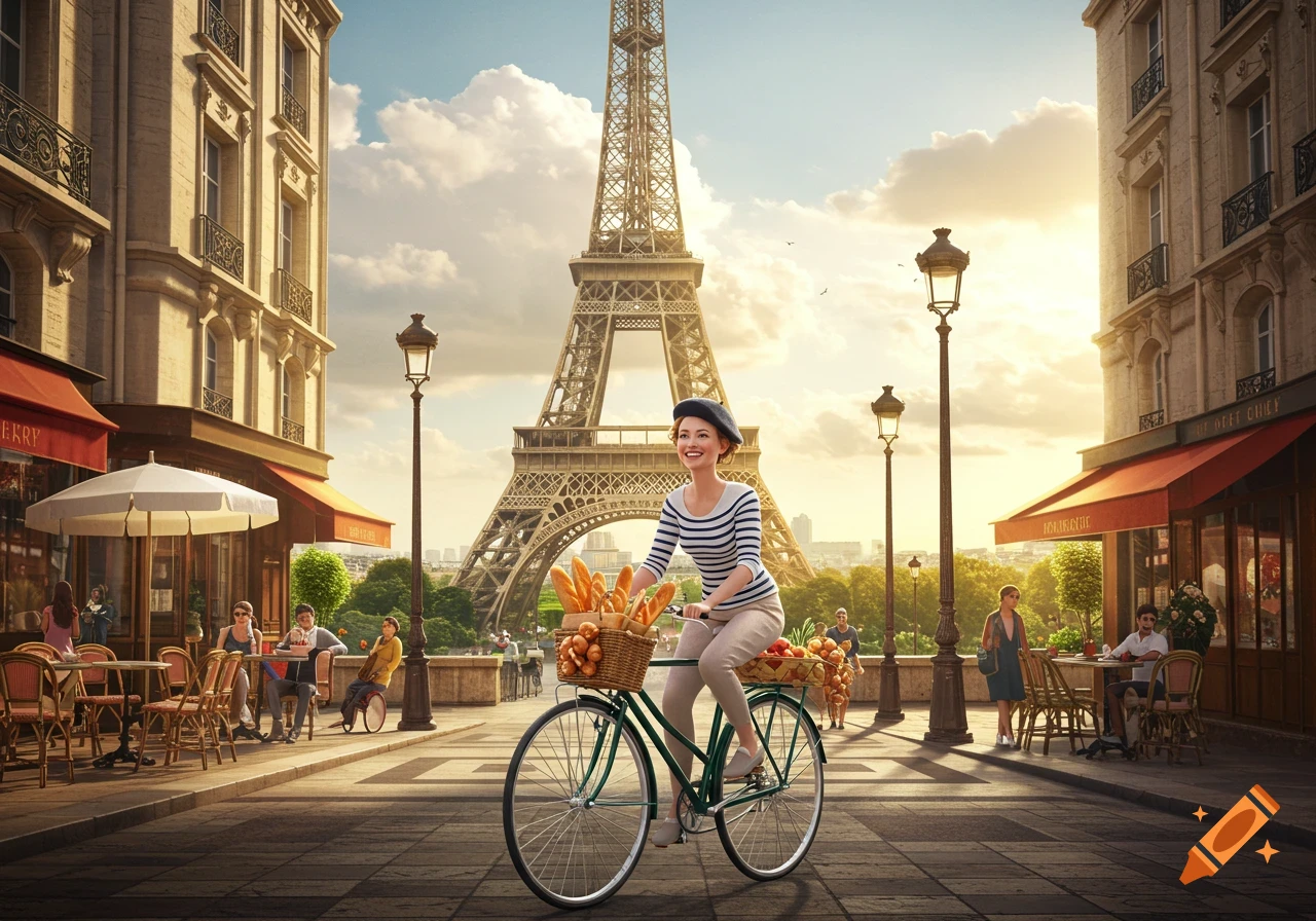 A photorealistic image of a woman in a beret cycling with baguettes and onions on a Parisian street with the Eiffel Tower in the background.