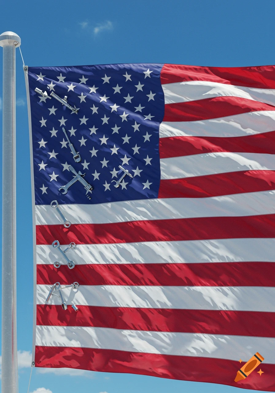 A close-up of a US flag with its stars replaced by wrenches and screwdrivers, waving against a blue sky.