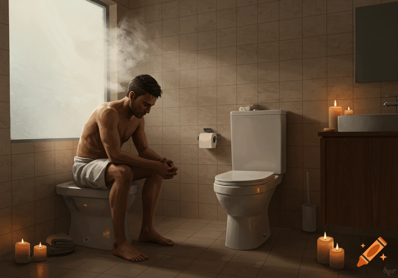 A shirtless man wrapped in a white towel sits on a toilet in a dim, steamy bathroom lit by candles.