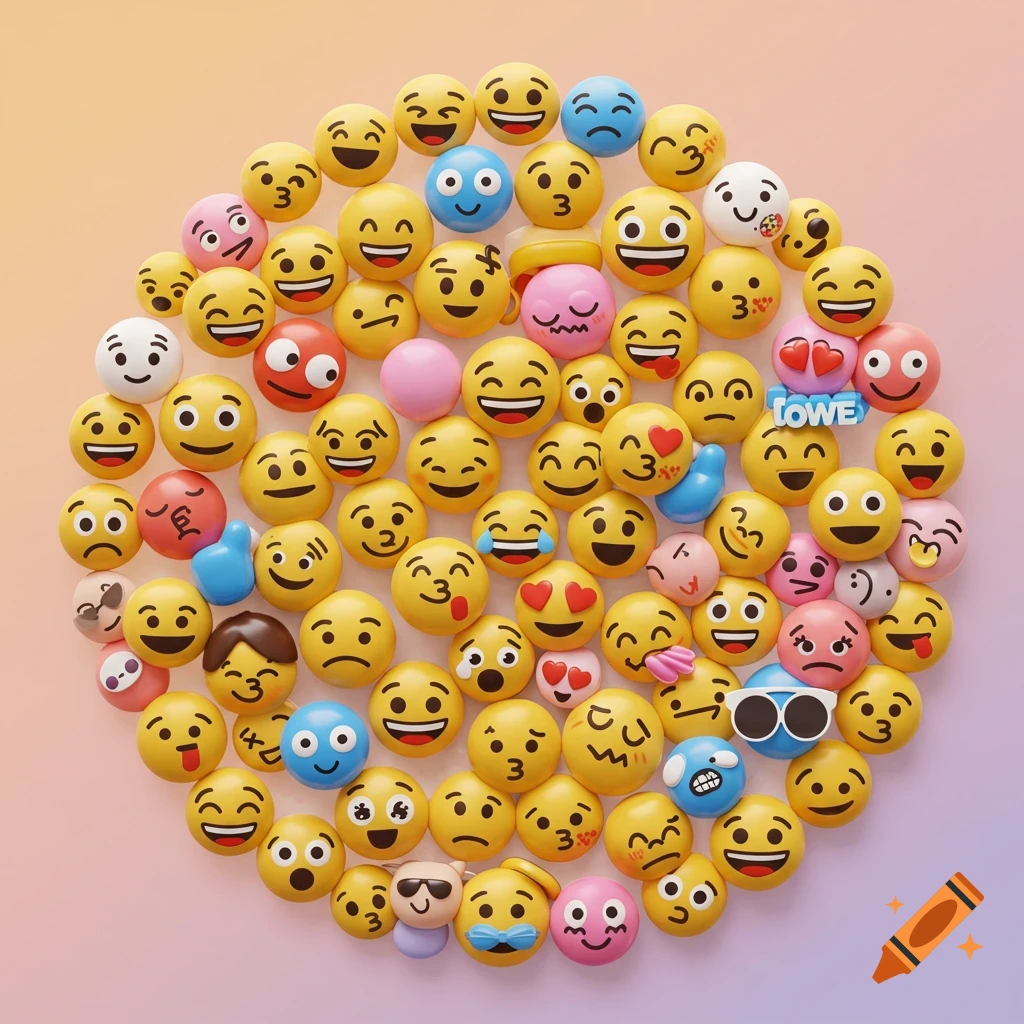 A circular arrangement of numerous 3D emojis displaying various expressions on a soft gradient background.