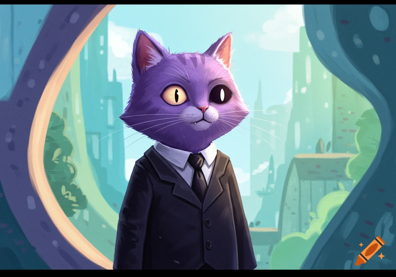 A cartoon purple cat in a black suit and tie, with heterochromatic eyes, stands against a stylized city background.