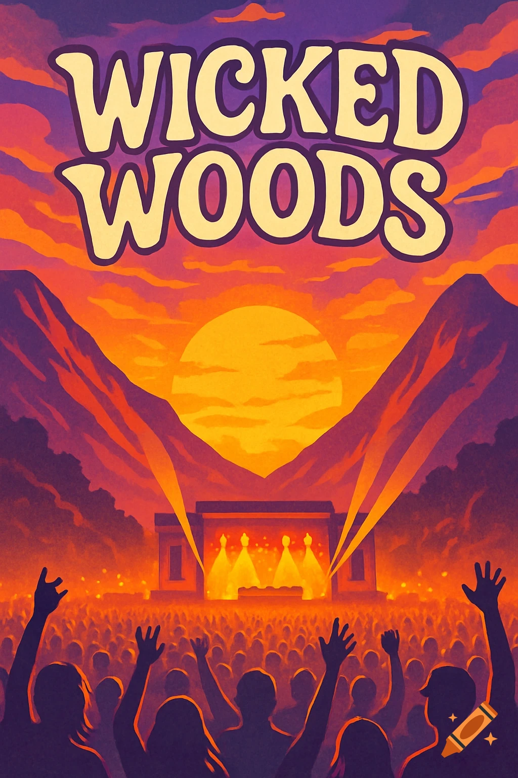 Vibrant, stylized music festival poster with "WICKED WOODS" text above a crowd, stage, mountains, and a large sunset.