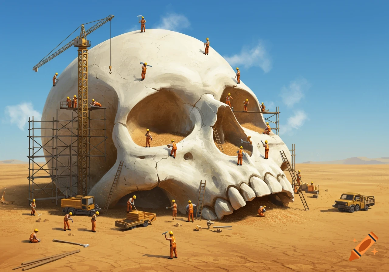Miniature construction workers build scaffolding and operate equipment around a gigantic human skull in a vast desert landscape under a clear blue sky.