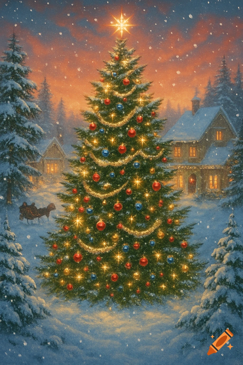 Painting of a snowy winter scene with a brightly lit Christmas tree in the foreground and warm houses in the background.