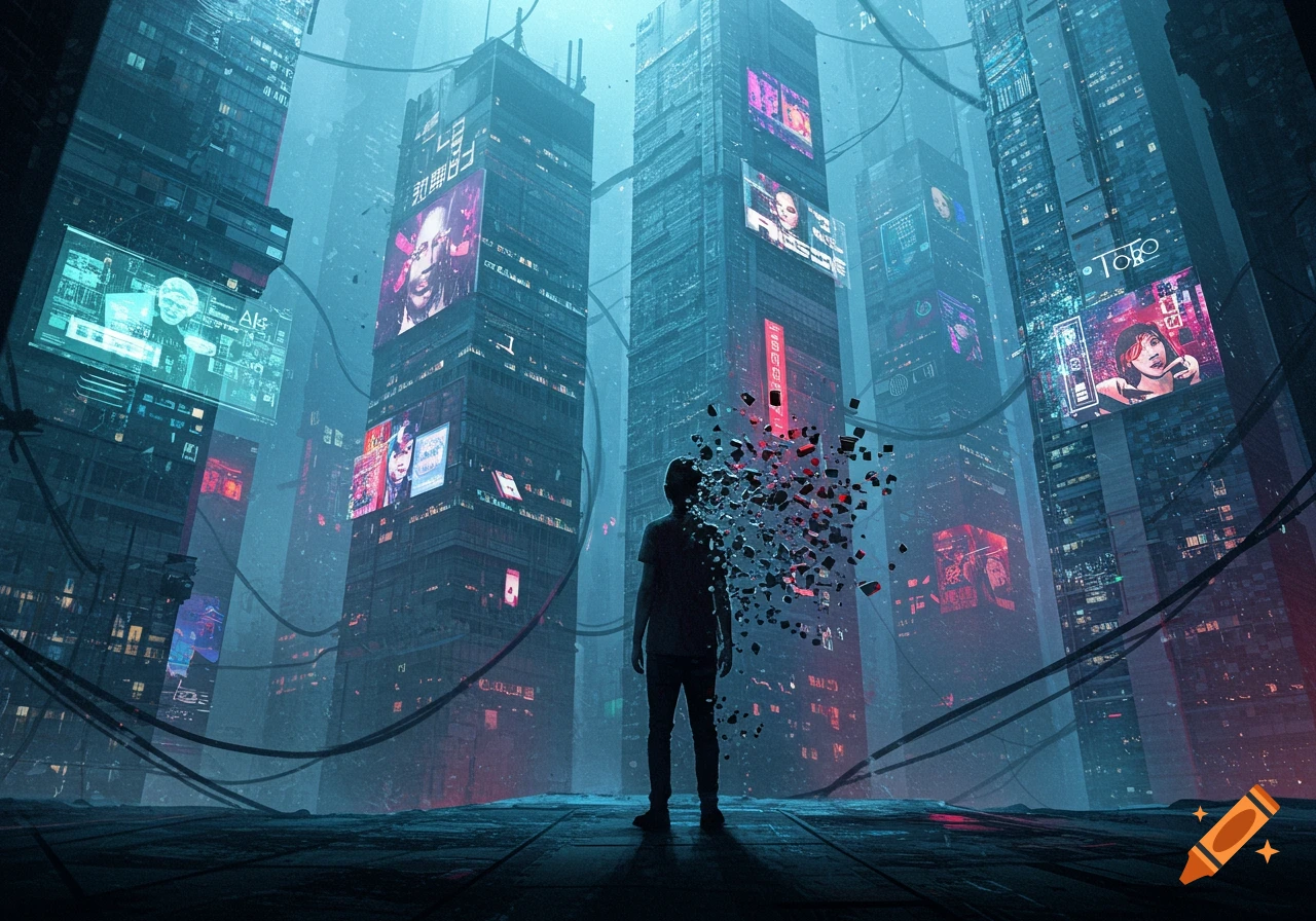 A person disintegrates into particles in a dark, neon-lit cyberpunk city with towering skyscrapers.