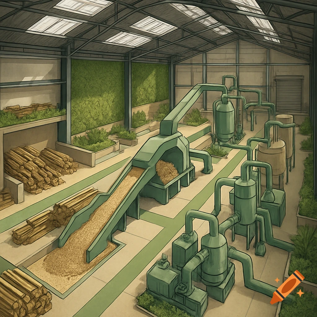 An isometric view of a timber recycling factory floorplan with logs, wood chips on conveyors, and green processing machinery.
