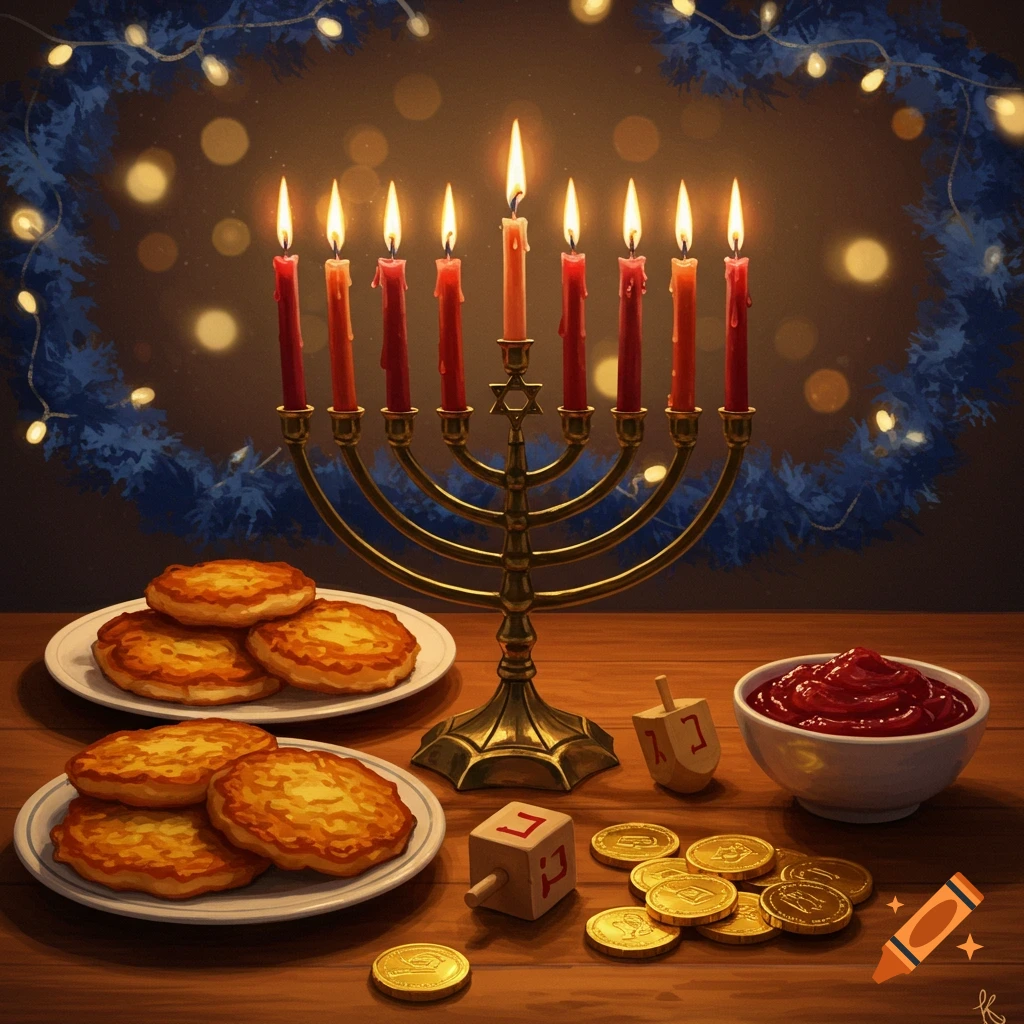 A Hanukkah celebration scene with a lit menorah, plates of latkes, applesauce, dreidels, and gold coins on a wooden table.