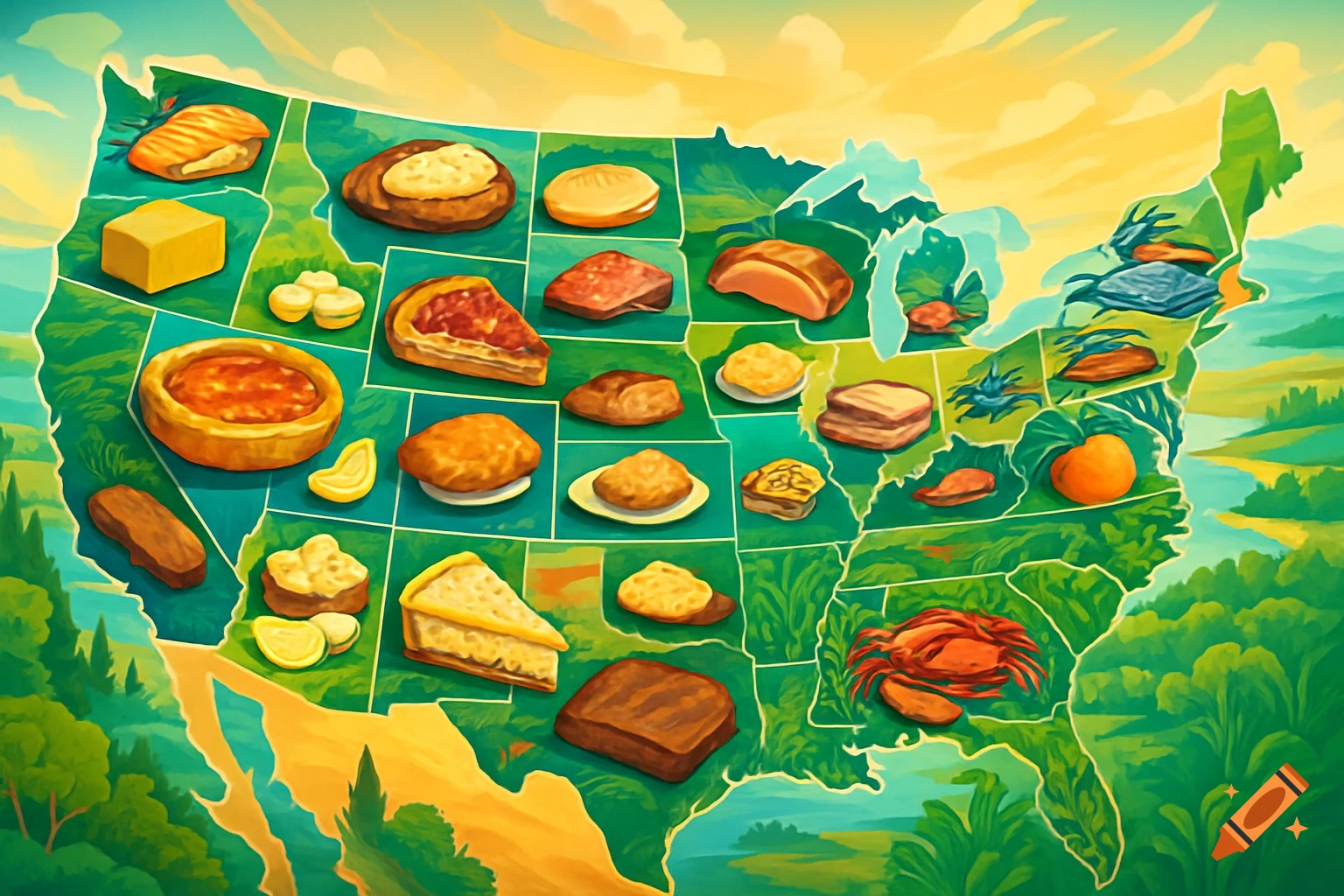 An illustrated map of the United States with each state featuring a different food item, such as pizza, pie, and seafood.