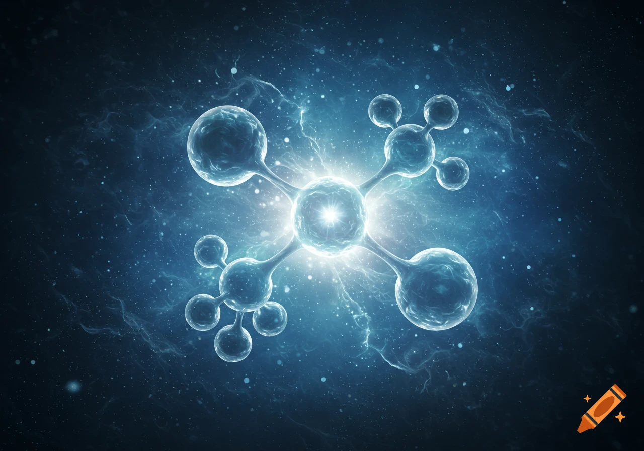 Luminous molecular structures against a dark blue cosmic background with stars and nebula.