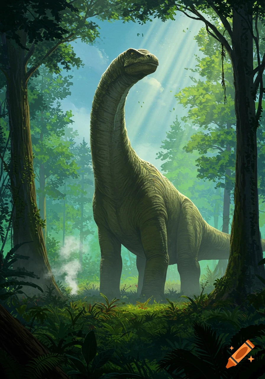 Giant long-necked dinosaur standing tall in a lush, green jungle with sunbeams filtering through dense trees, illustrated.