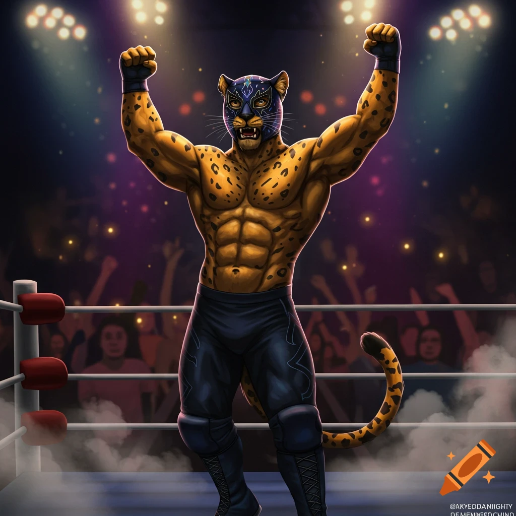An illustrated anthropomorphic leopard luchador with a blue mask raises his fists in victory inside a wrestling ring, under bright spotlights.