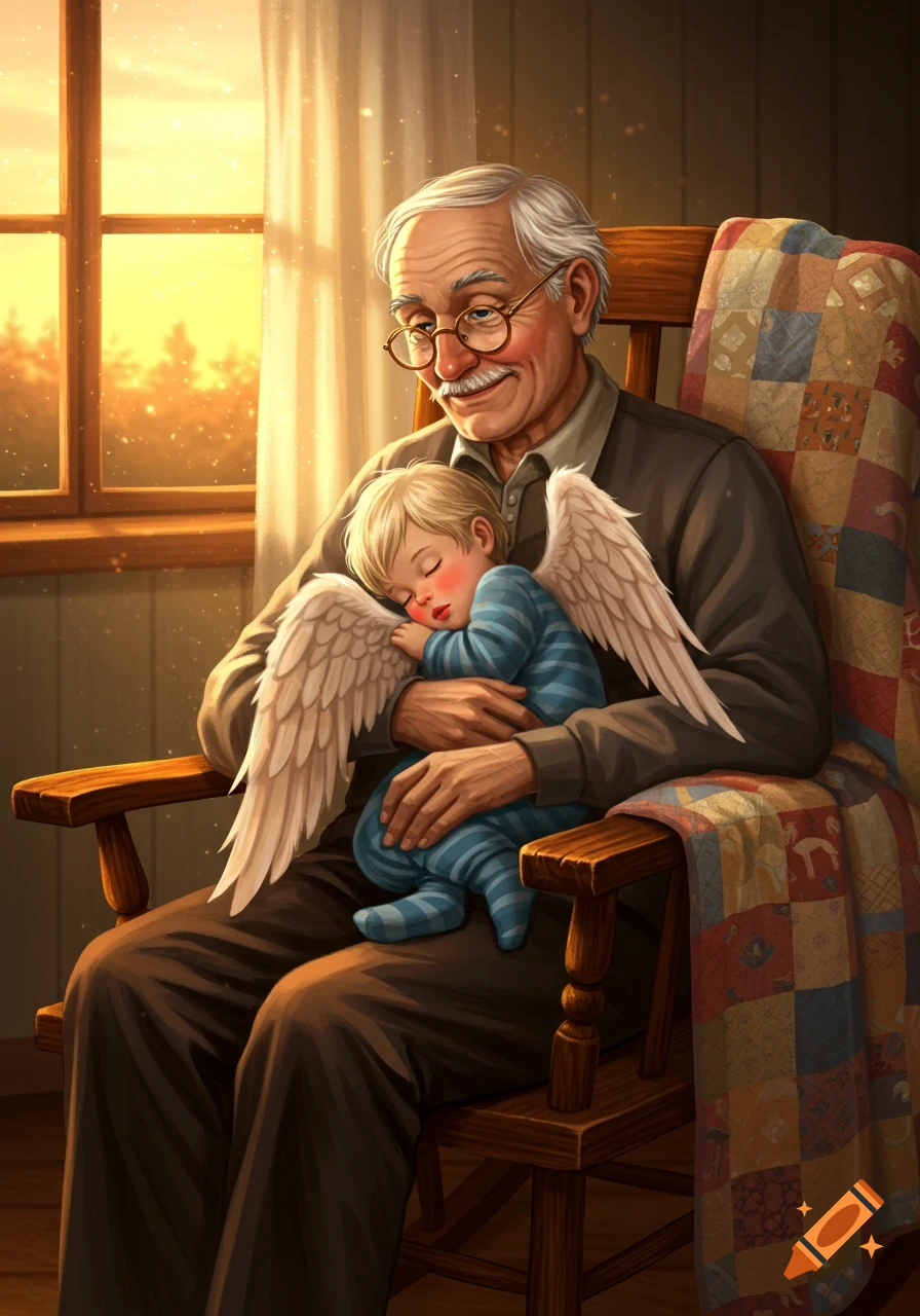An illustration of a grandpa in a rocking chair holding his sleeping grandson with angel wings, bathed in warm light.