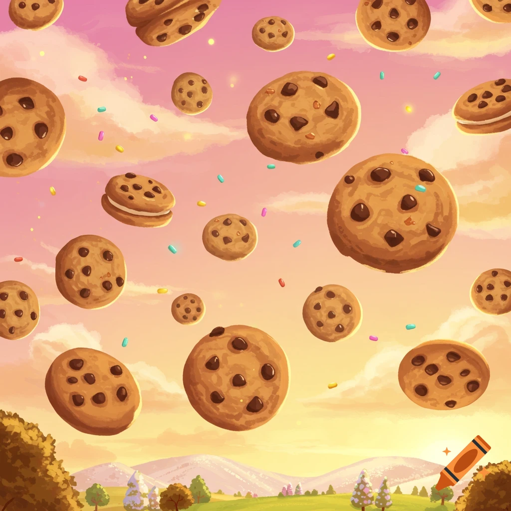 Cartoon illustration of chocolate chip and sandwich cookies falling from a pink and orange sky over a green landscape.