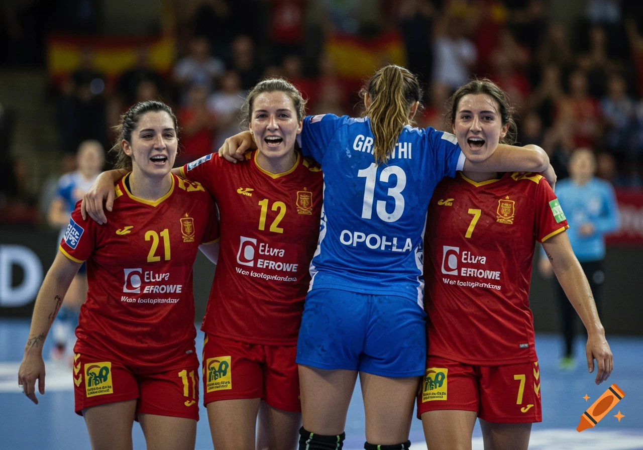 Four female handball players in red and blue jerseys embracing on a court, smiling, in a hyperrealistic style.