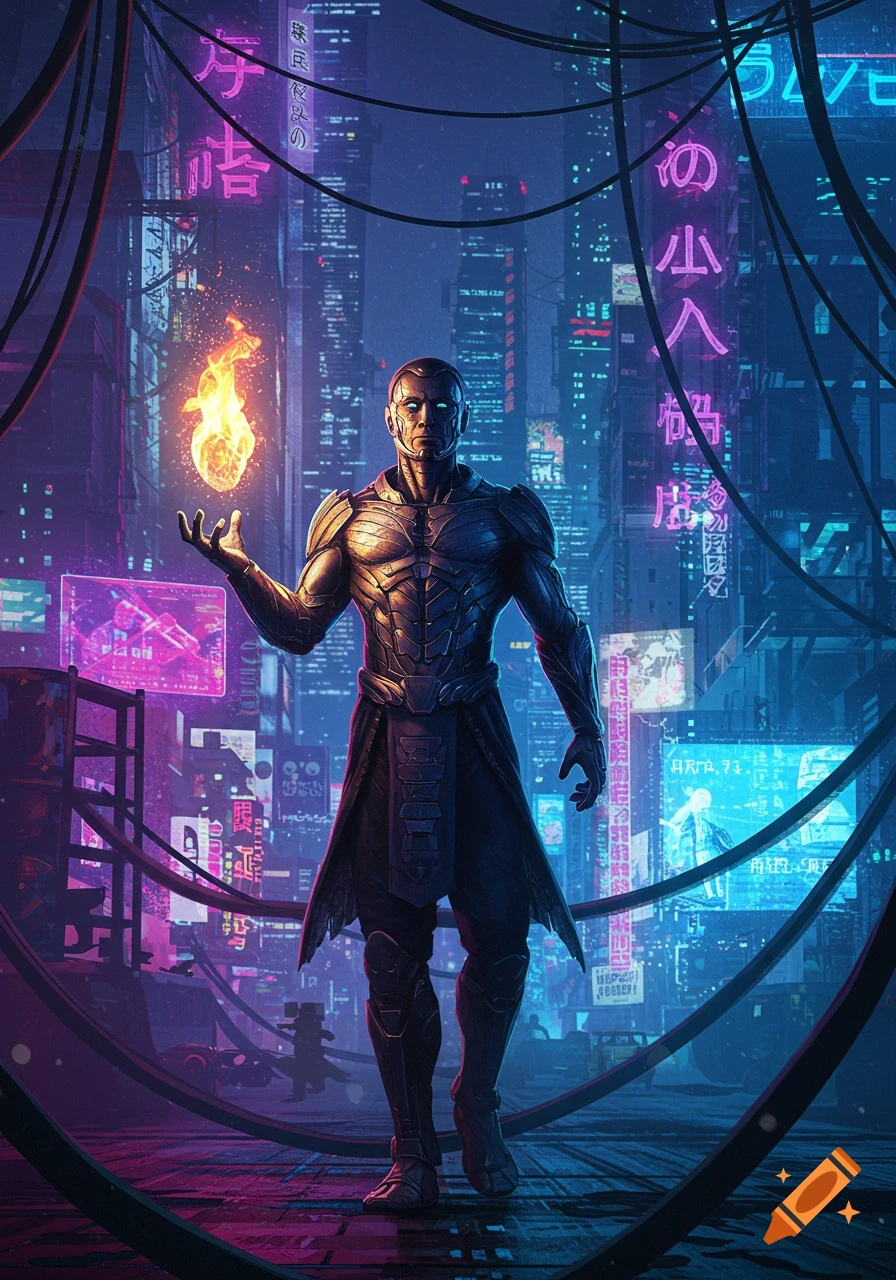 A metallic cybernetic figure stands holding a glowing fire orb in a dark, neon-lit cyberpunk city filled with towering buildings and wires.