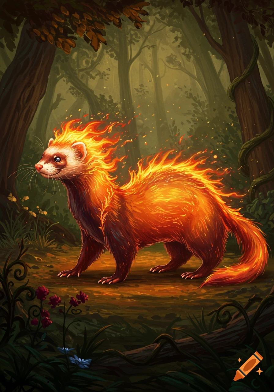 A vibrant illustration of a fiery fantastical ferret with glowing fur standing in a dark, mystical forest.