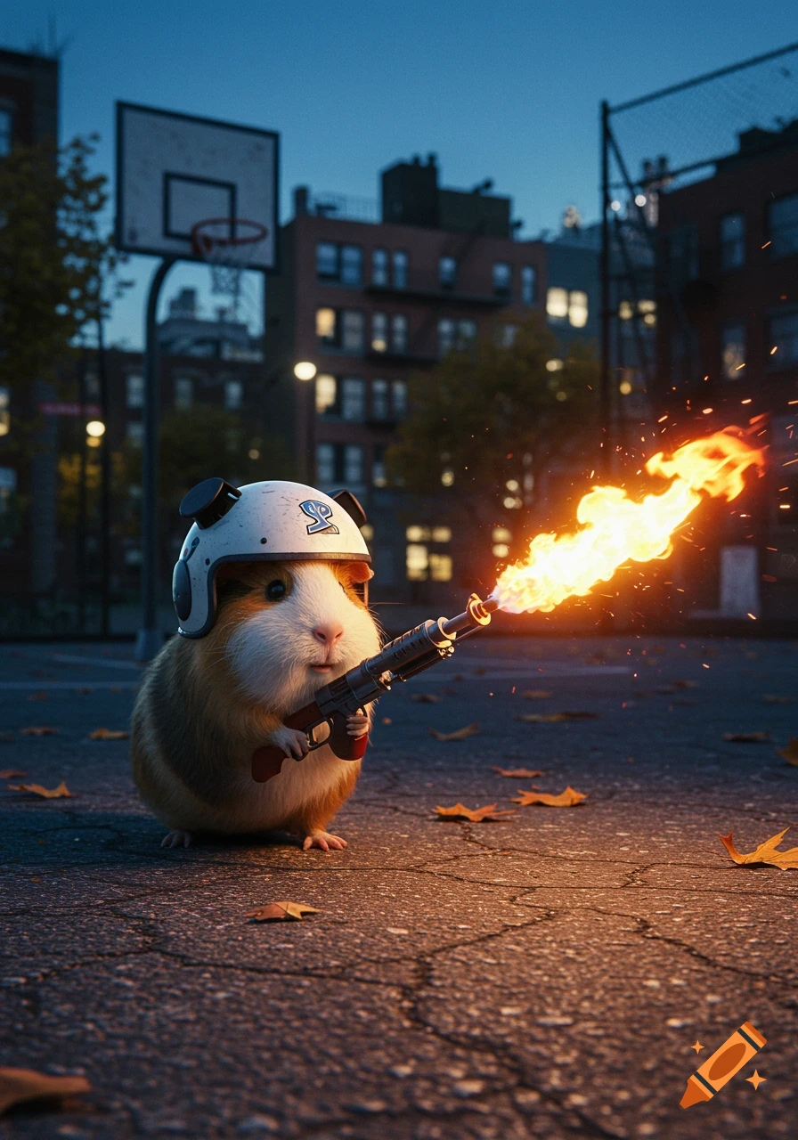 Photorealistic guinea pig in a white helmet shooting a flamethrower on a city basketball court at night.