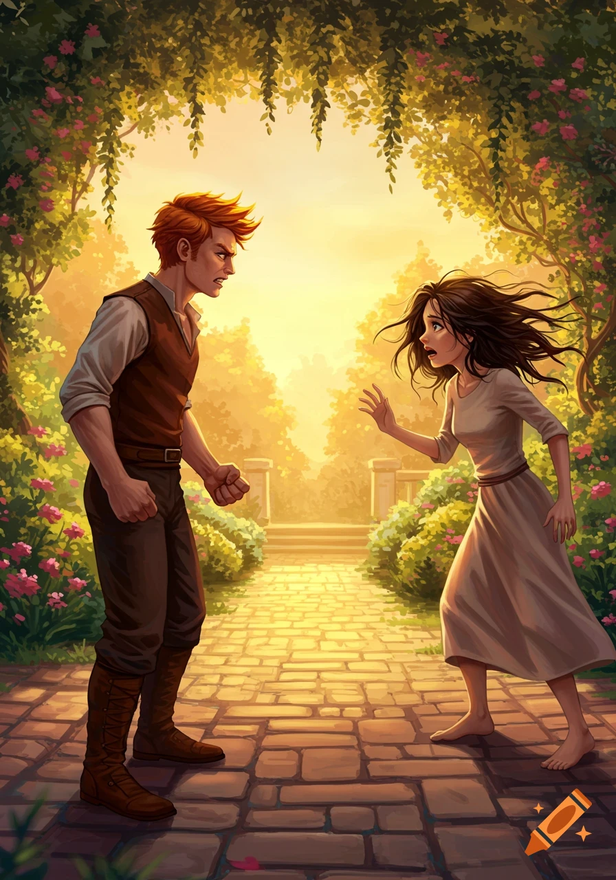 An angry red-haired man confronts a scared woman on a stone path in a sunlit, blooming garden, illustrated.
