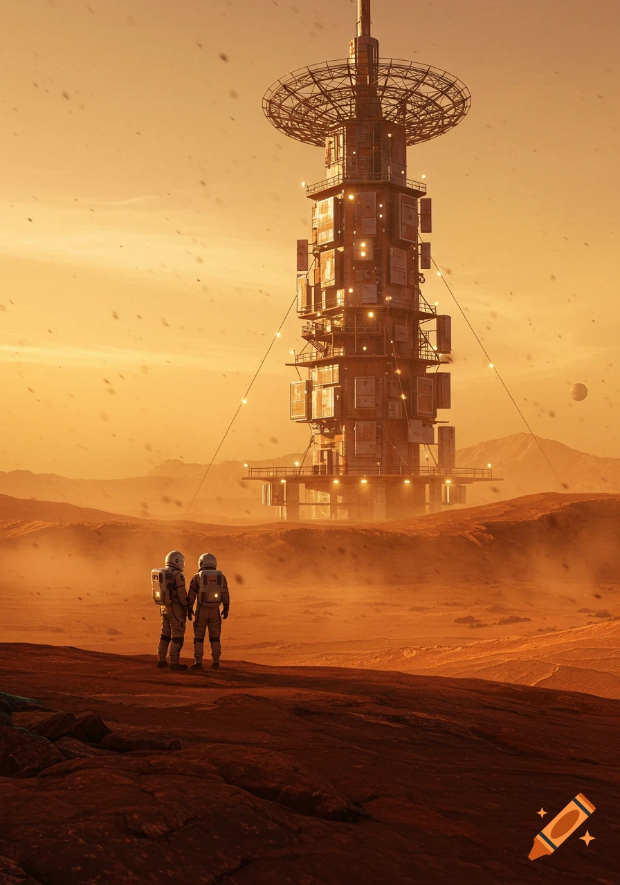 Two astronauts on a red, dusty Martian landscape, looking at a tall, illuminated radio tower against an orange sky.