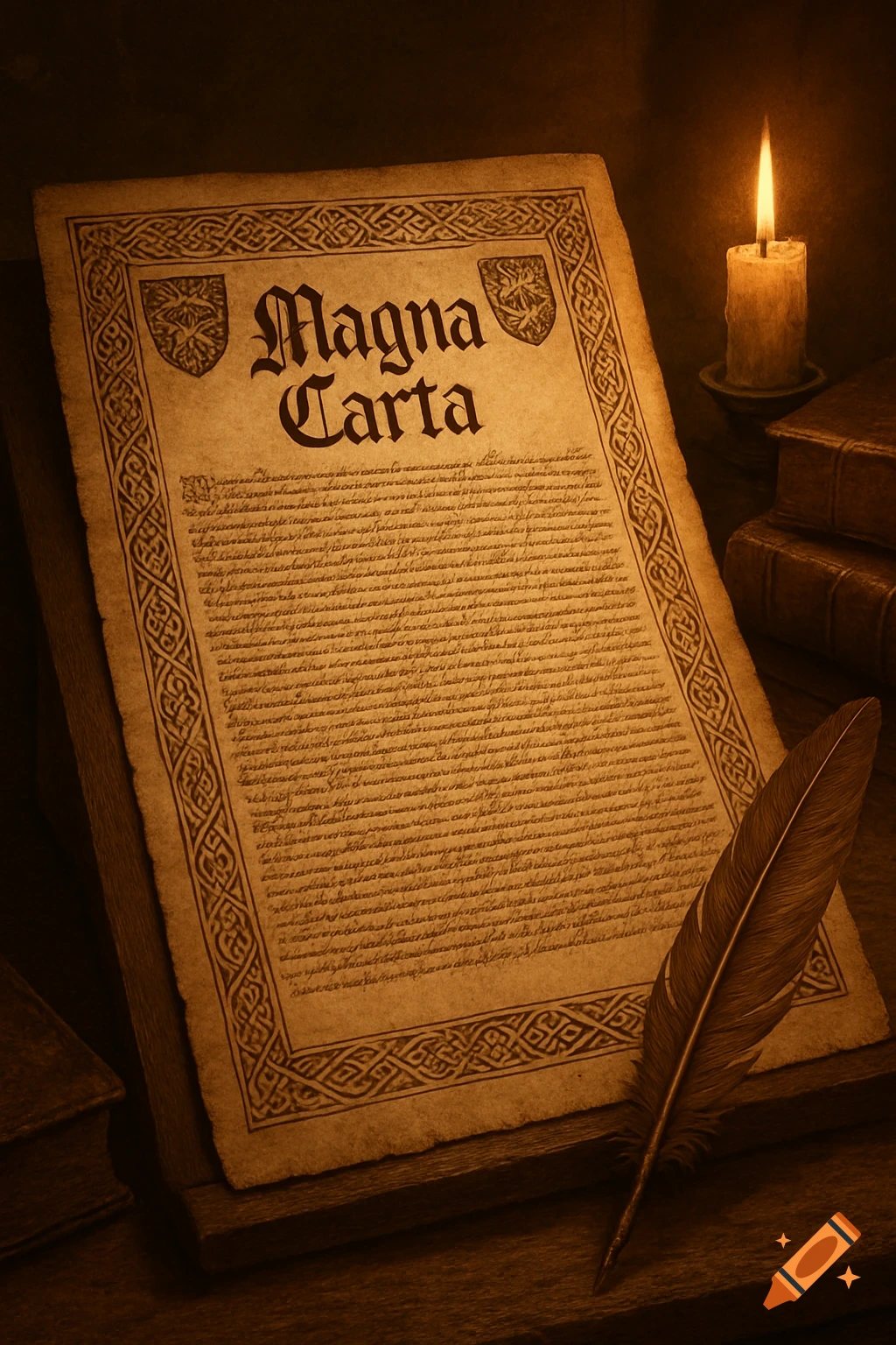 A close-up of a scroll-like document titled "Magna Carta" in an ornate font, with illegible body text, a quill pen, and a lit candle on a dark wooden surface, in a historical style.