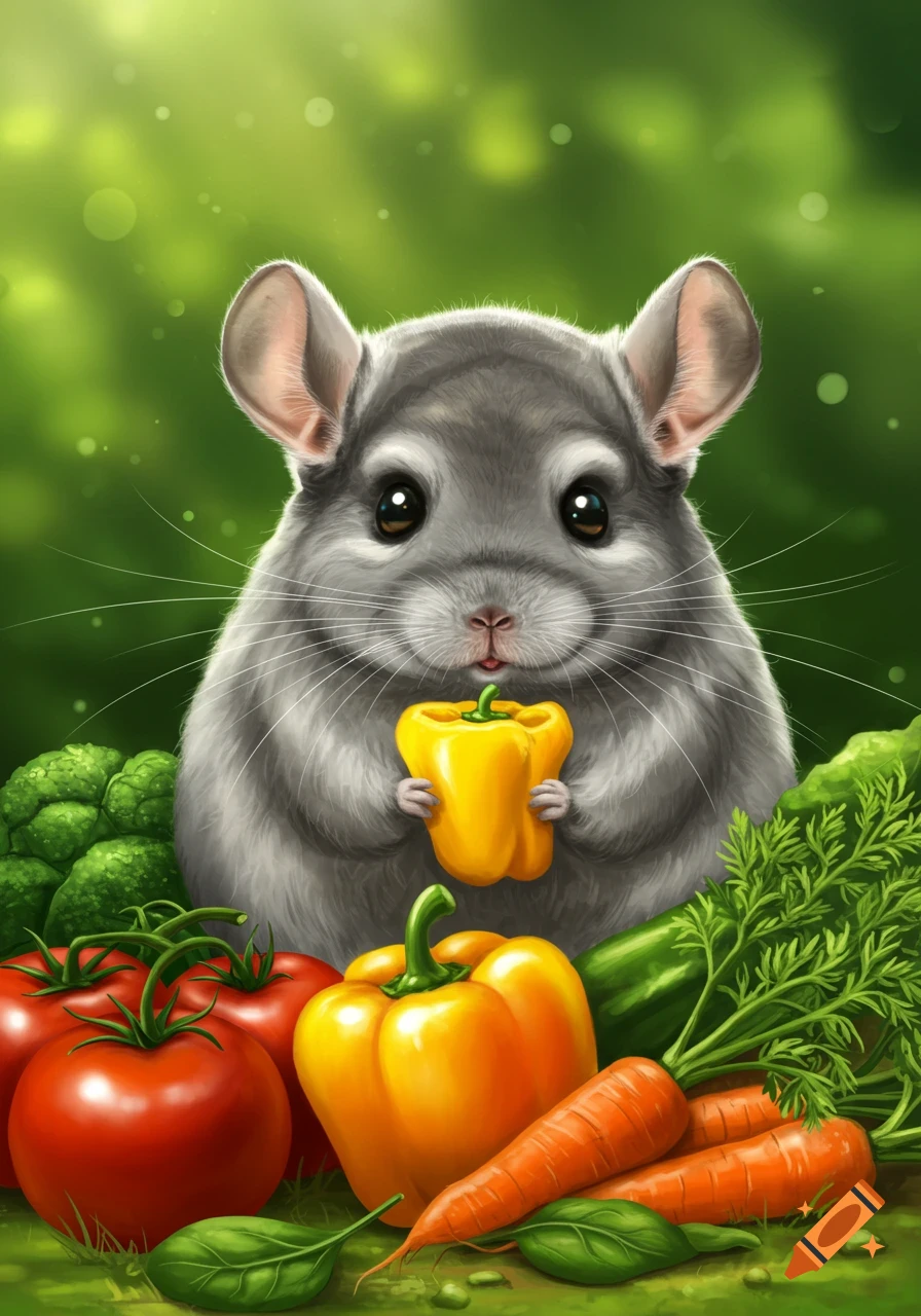 A cute, fluffy gray chinchilla holds a yellow bell pepper, surrounded by colorful fresh vegetables on a green background in an illustrated style.