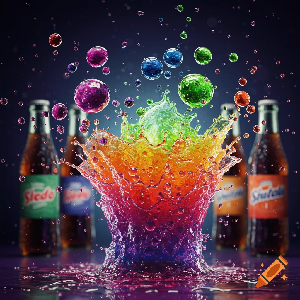 A vibrant rainbow-colored soda splash erupts from a liquid surface, with colorful bubbles floating above and blurred soda bottles in the background.