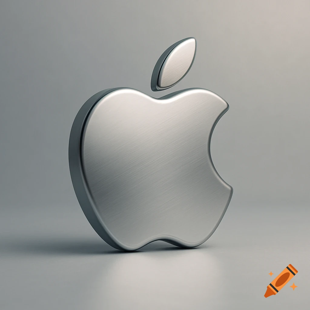 A shiny, brushed metallic silver 3D Apple logo with rounded edges, against a grey background.