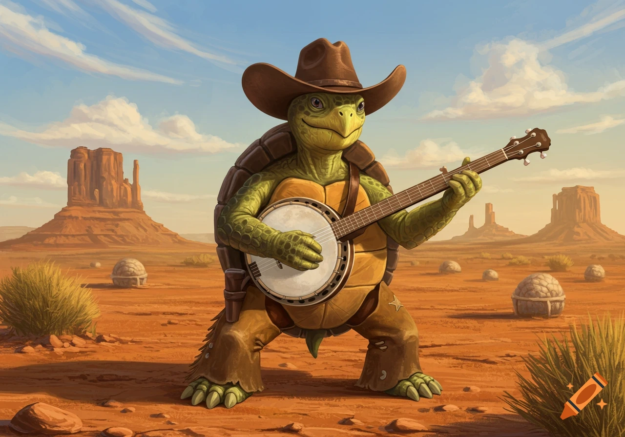 A cartoon turtle in a cowboy hat and chaps plays a banjo in a wild west desert landscape with buttes.