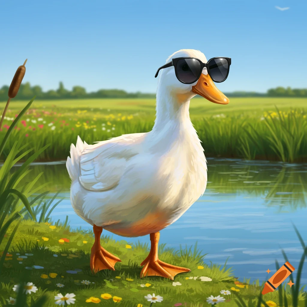 A white duck wearing black sunglasses stands by a pond in a grassy field with wildflowers under a blue sky.