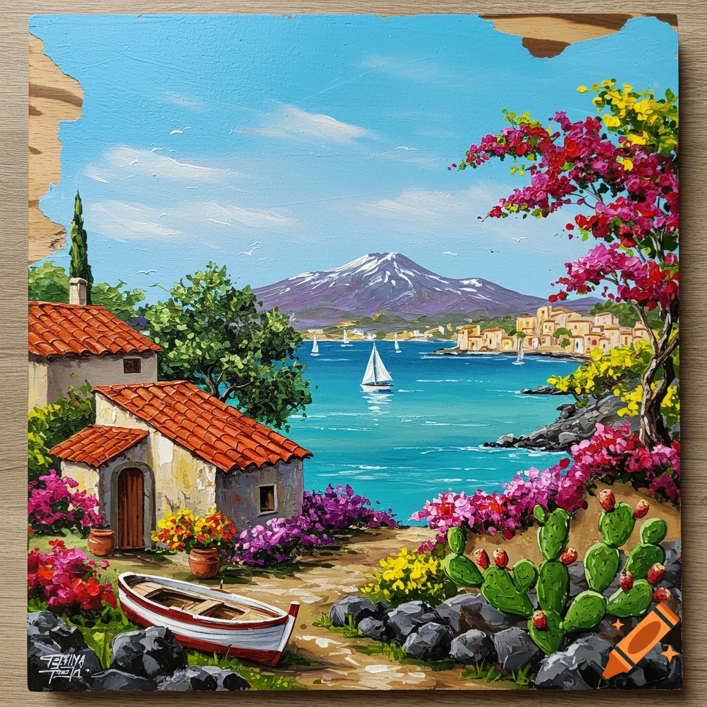 Vibrant impasto painting of a Mediterranean coastal village with red-tiled houses, colorful flowers, a boat, blue sea with a sailboat, and distant snowy mountain.