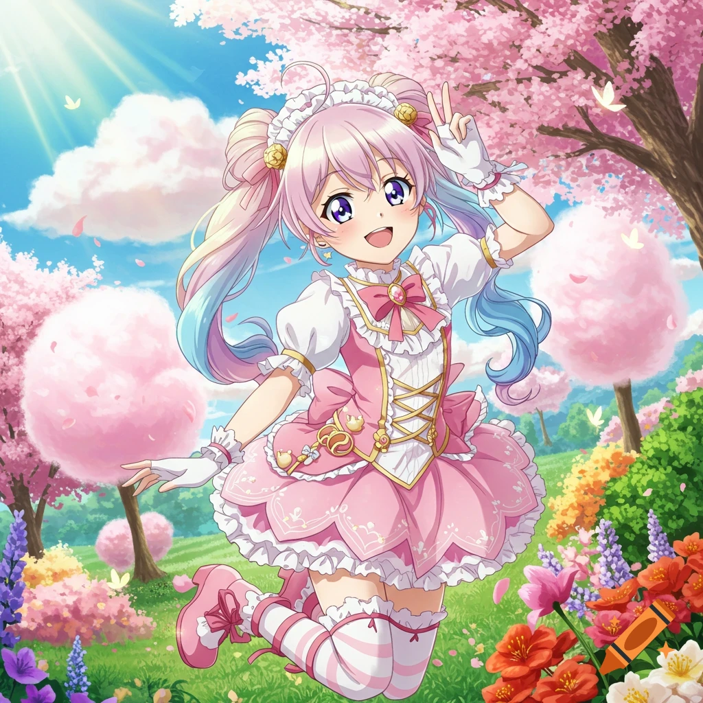 A cute anime girl in a frilly pink dress with pastel hair jumps in a vibrant meadow with cherry blossoms, making a peace sign.