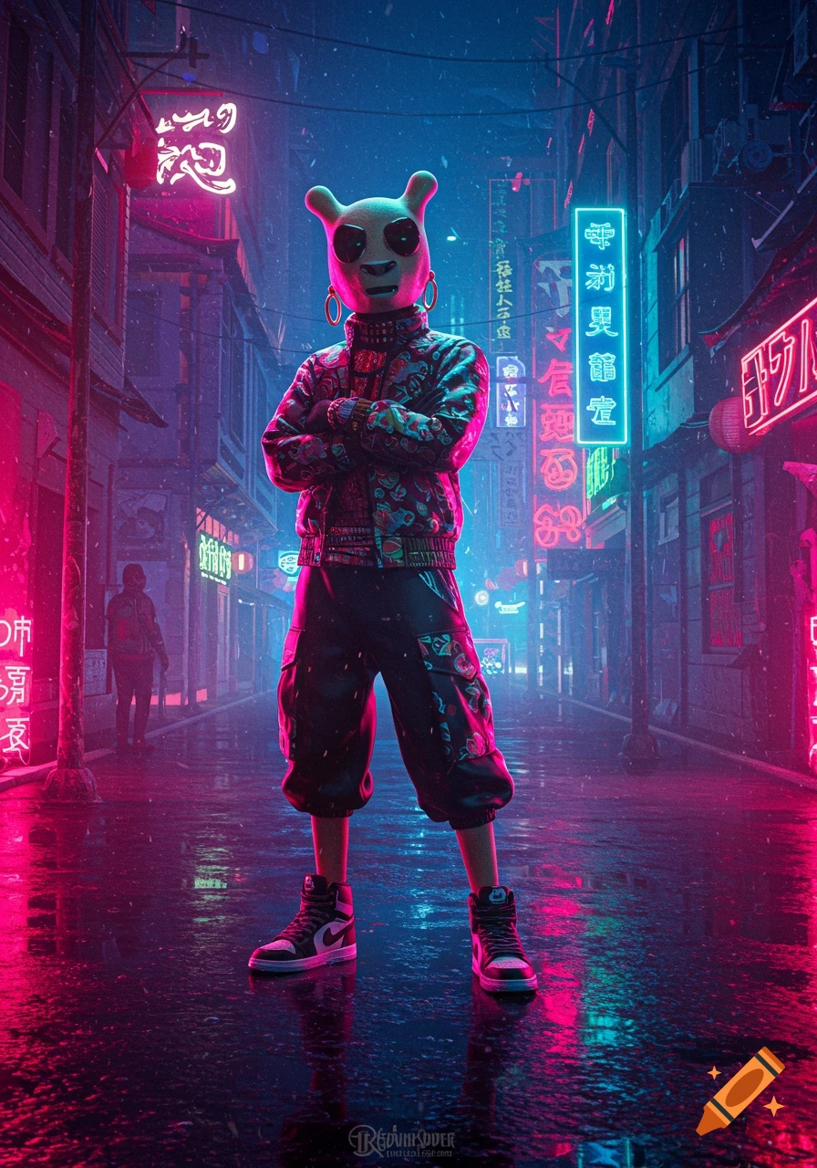 A stylized character with a panda-like mask and patterned jacket stands with crossed arms on a wet street, surrounded by glowing neon signs in a futuristic cyberpunk city.