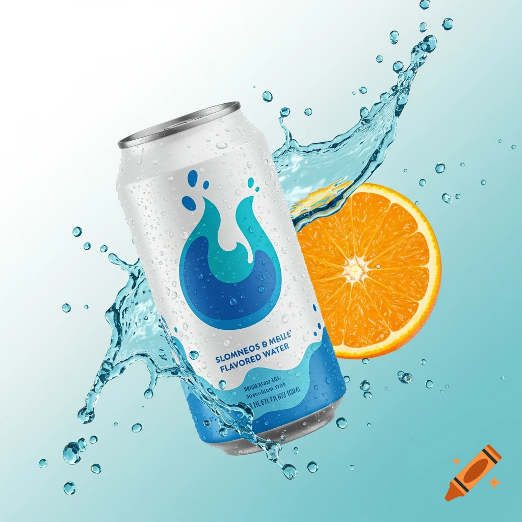 A white beverage can with a blue and white label, water droplets, a large splash of water, and a slice of orange on a light blue background.