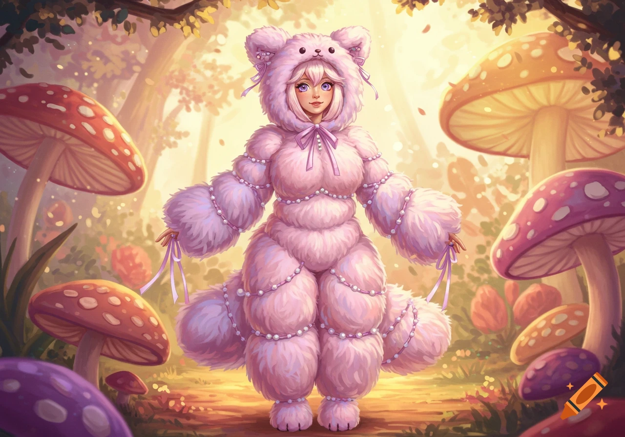 A young woman in a pink fluffy bear costume with pearls stands in a vibrant fantasy mushroom forest in an anime art style.
