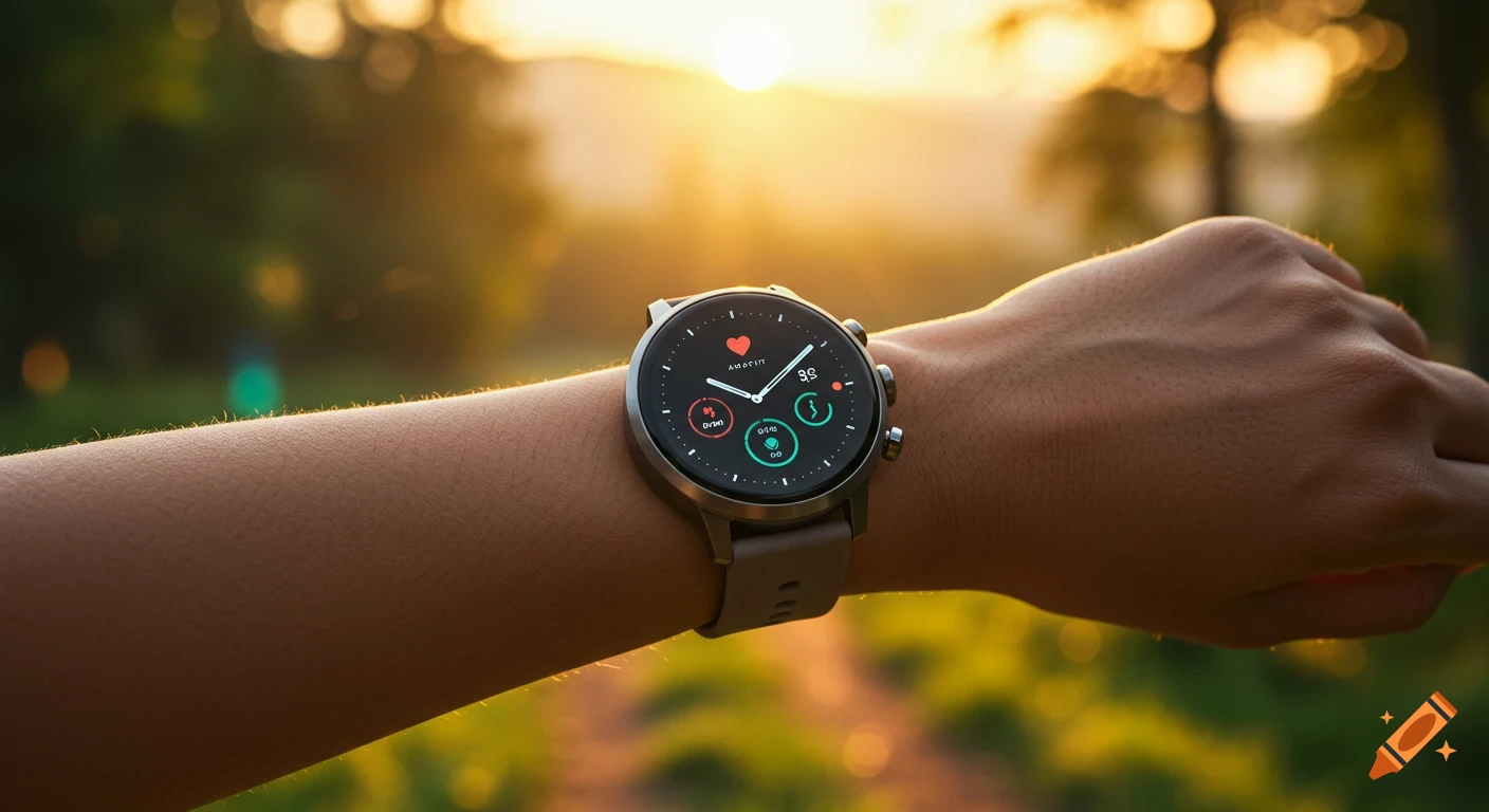 Close-up of a person's wrist wearing an Amazfit smartwatch with health metrics on the screen, set against a blurred golden hour outdoor background.