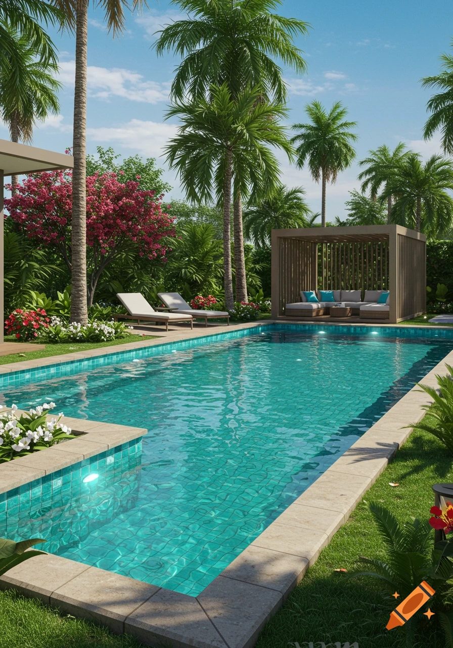 A luxurious inground swimming pool with turquoise water, surrounded by tropical palm trees, lush gardens, lounge chairs, and a wooden cabana under a blue sky.